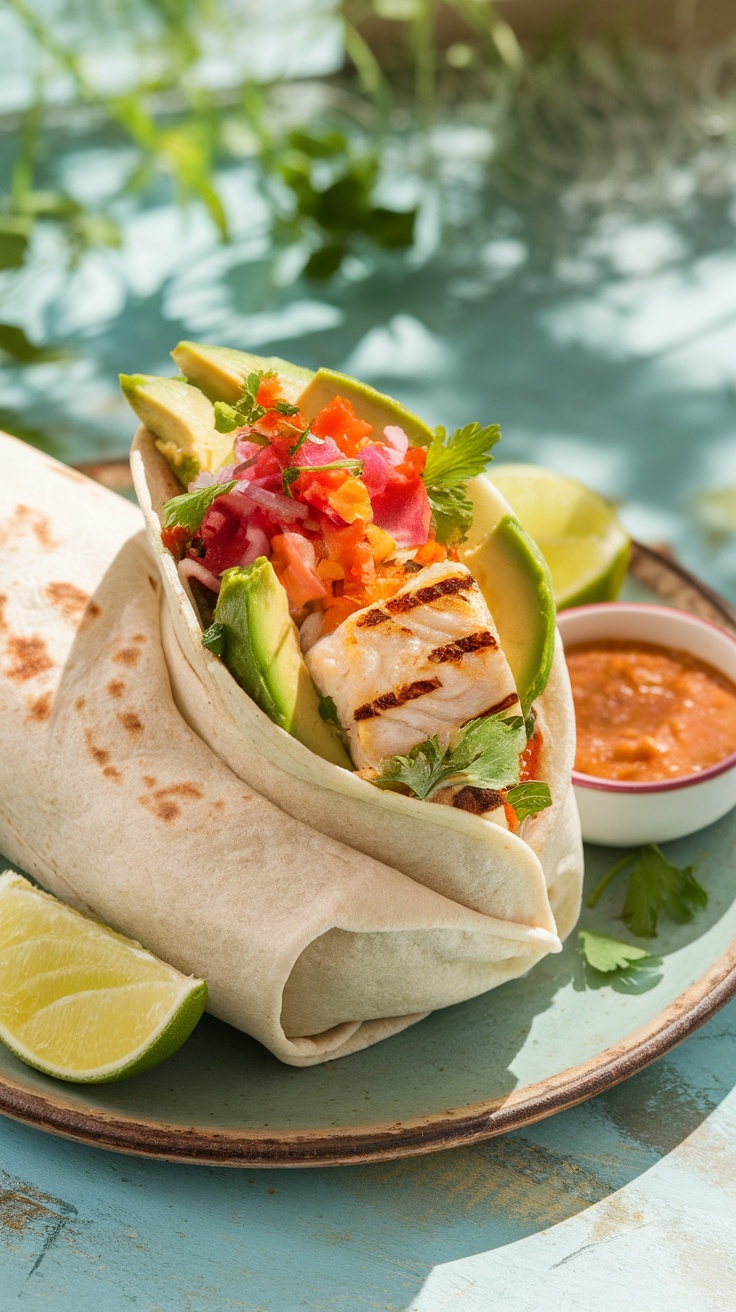 Savory Fish Burrito filled with grilled fish, avocado, and toppings on a rustic plate with lime and sauce.